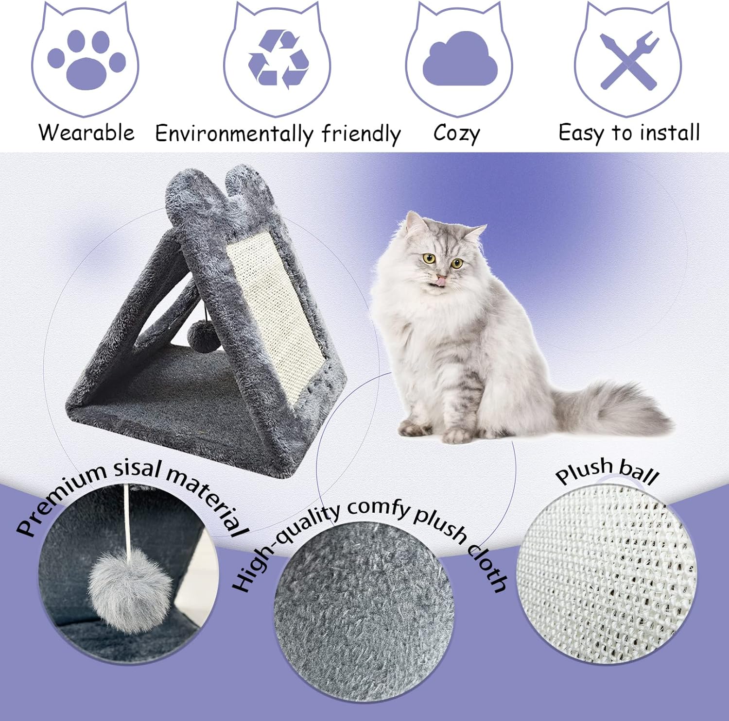 Fhiny Poste rascador triangular para gatos, sisal natural para gatos con bola de felpa colgante, nido de cueva para mascotas, centro de actividades
