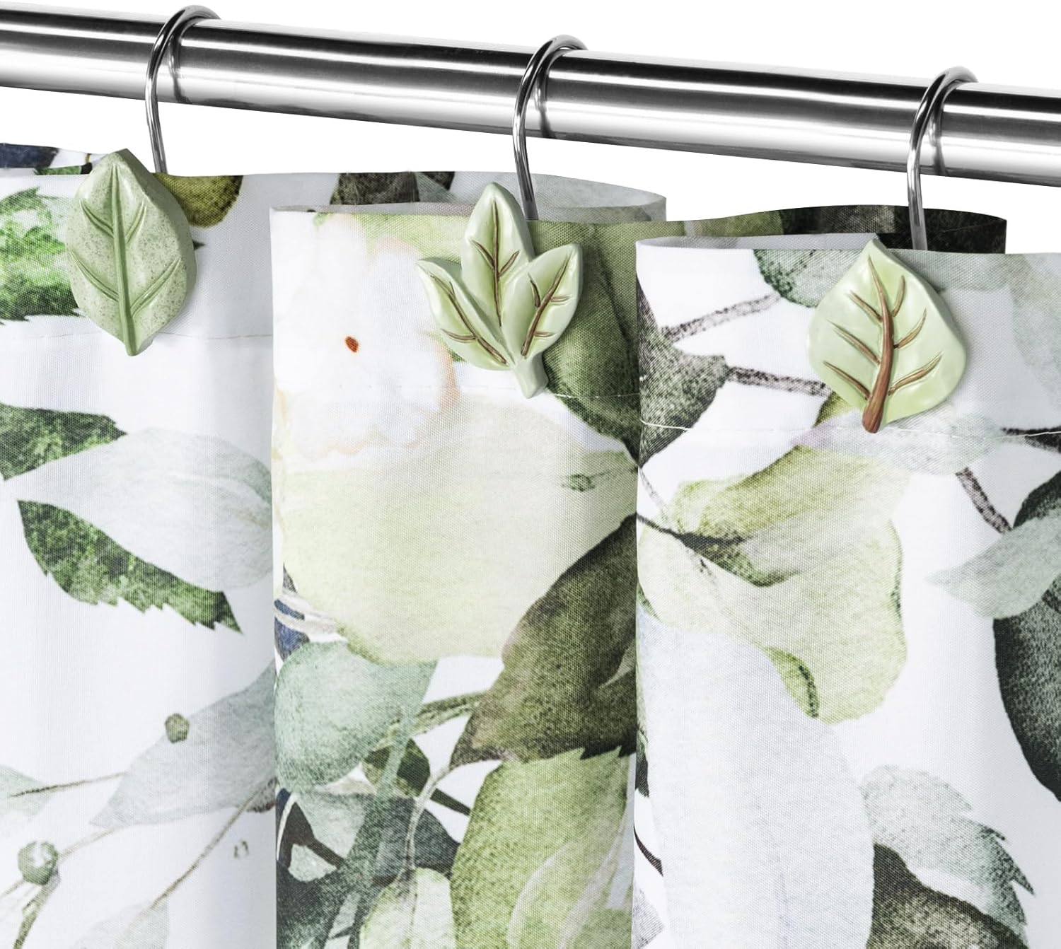Gibelle Ganchos decorativos para cortina de ducha, 12 piezas de hojas de plantas verdes, ganchos decorativos de metal a prueba de óxido, bonitos