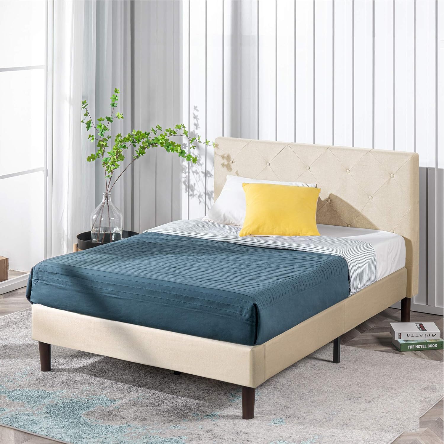 ZINUS Shalini – Base de cama tapizada con plataforma, base de colchón, soporte de listones de madera, no necesita somier, fácil montaje, color