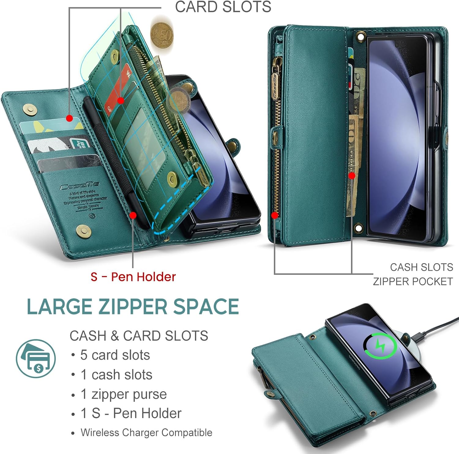 ASAPDOS Funda tipo cartera para Samsung Galaxy Z Fold 5 con soporte para S Pen y correa de piel sintética con cierre magnético S-Pen totalmente