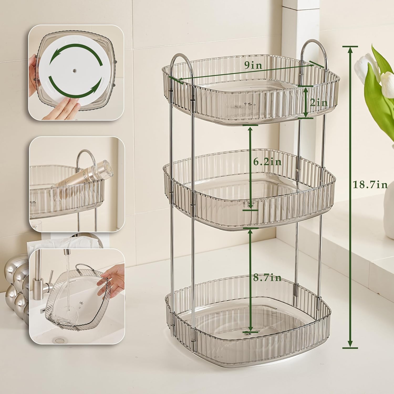 CICUFY Organizador de maquillaje giratorio cuadrado Organizador de contador de baño para cosméticos de cuidado de la piel de perfume – gris 3 niveles