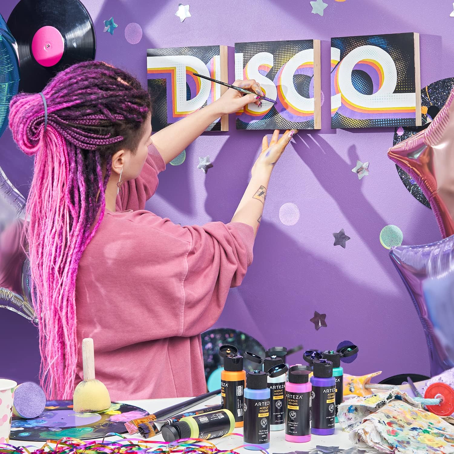 ARTEZA Juego de pintura acrílica metálica iridiscente de 10 colores soñadores, botellas de 2 onzas, pintura a base de agua de alta viscosidad,