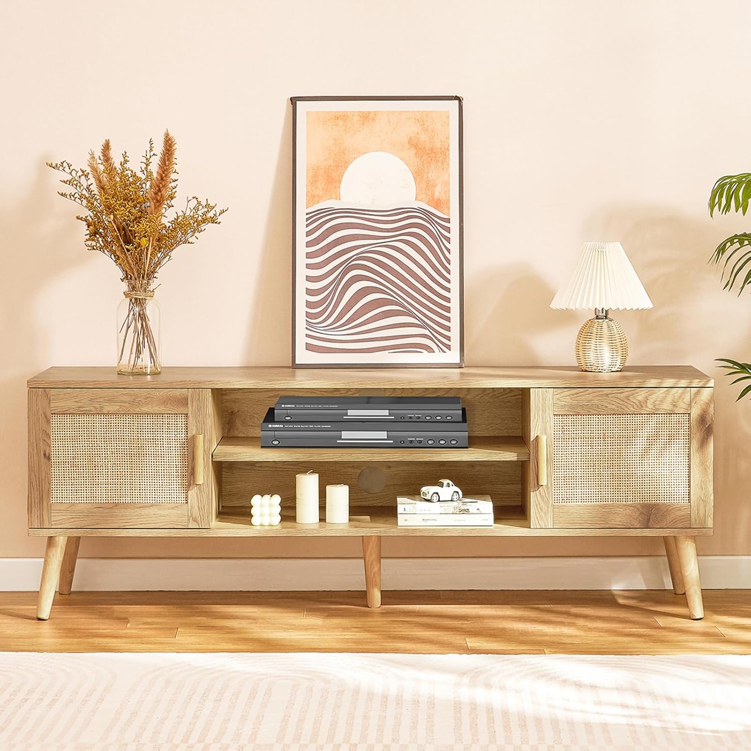 Iwell Soporte de TV bohemio de ratán para TV de 55, 65, 70 pulgadas, consola de TV grande, centro de entretenimiento con estante ajustable y 2
