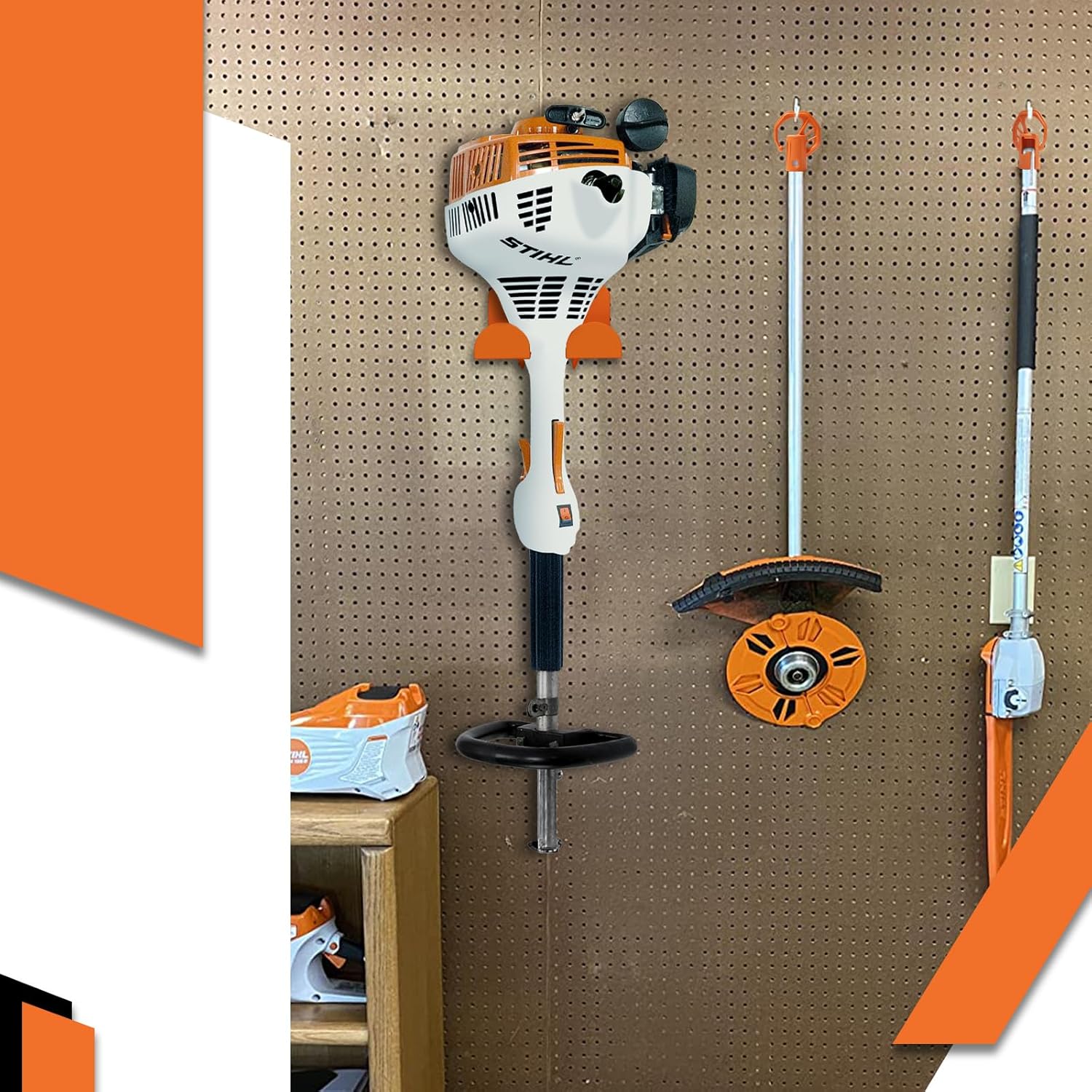 Paquete de 3 ganchos de almacenamiento de garaje resistentes + 1 paquete de estante para recortadora para accesorios Stihl Kombi, soporte de