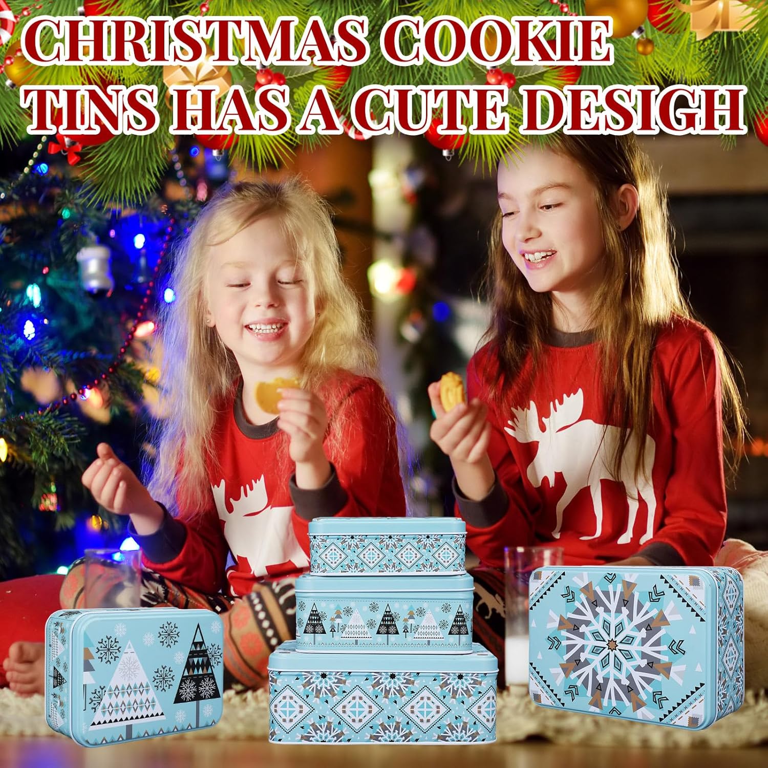 6 latas de galletas de Navidad con tapas para regalar, latas de metal para galletas, recipientes de lata grandes, medianos y pequeños, recipientes
