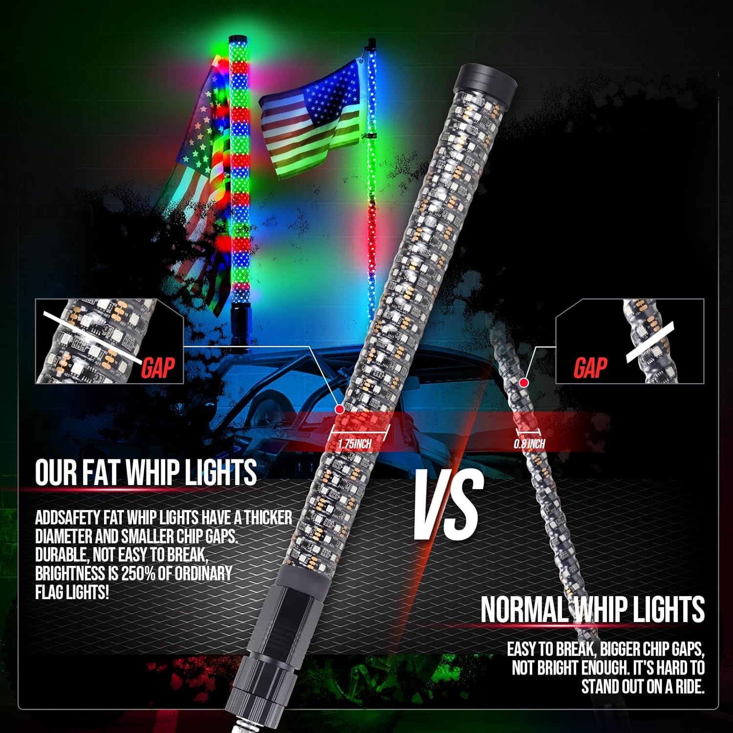 2 luces de látigo de grasa de 2 pies UTV con interruptor basculante, antena de alto brillo látigos lado a lado con direcciónfreno y ajuste inverso