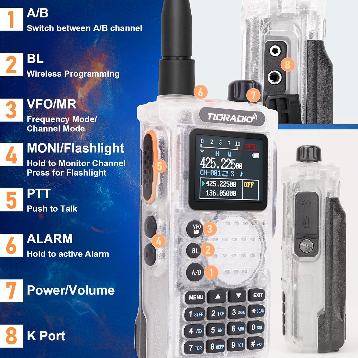 TIDRADIO TD-H8 – Radio jamón de alta potencia de 10 W programable, radio bidireccional de banda dual de largo alcance con batería grande de 2500 mAh
