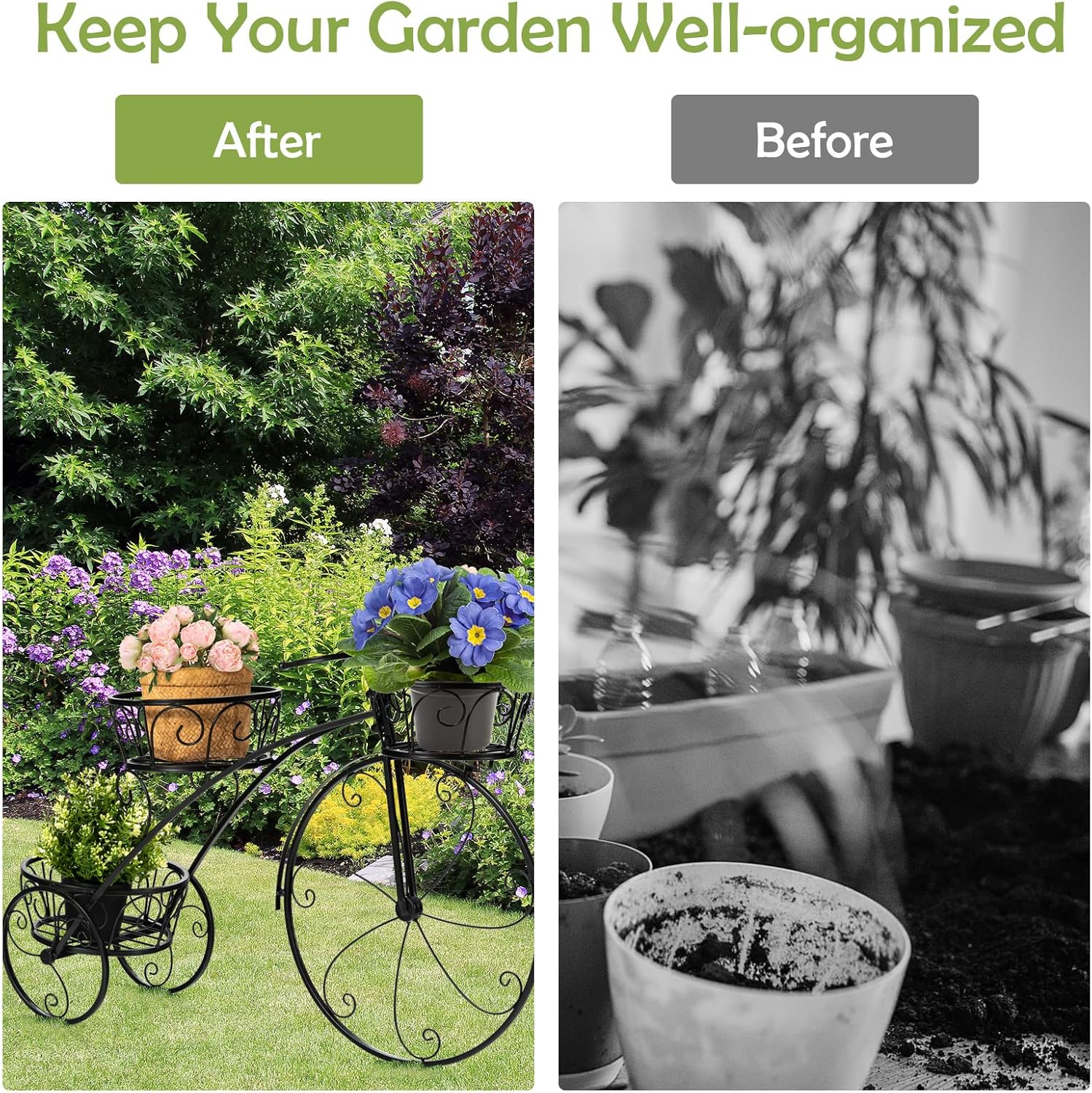 Giantex Maceta de metal para bicicleta, soporte de 3 niveles para plantas de flores con 3 ruedas decorativas, soporte de exhibición de flores de