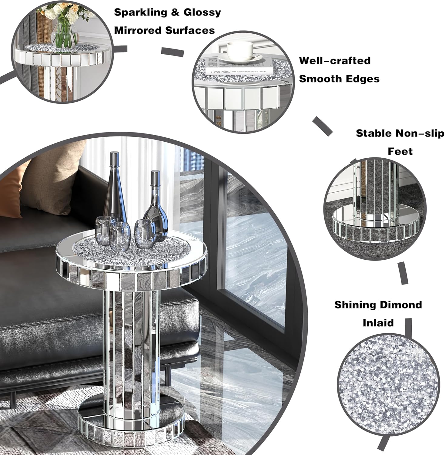 ENENE Mesa auxiliar de espejo con diamantes triturados para sala de estar, mesa auxiliar para espacios pequeños para dormitorio, oficina, pasillo,