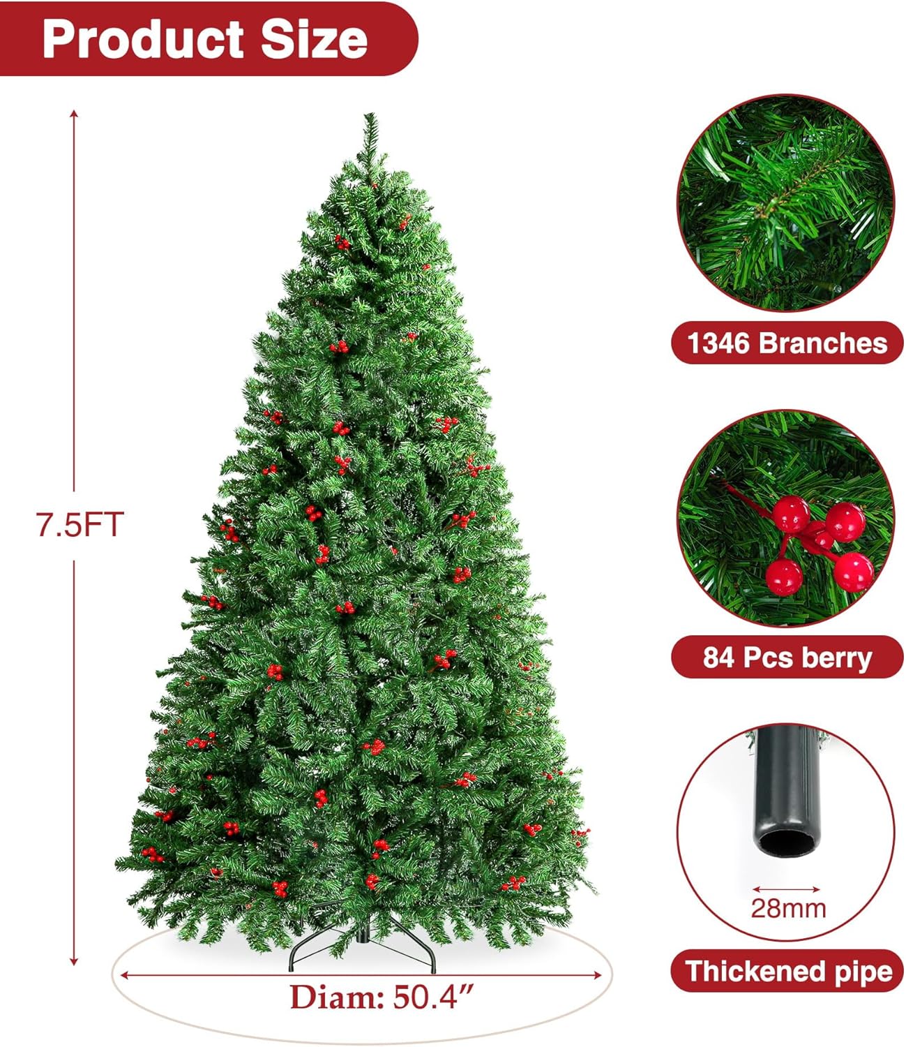 Árbol de Navidad artificial predecorado de 7.5 pies, árbol de Navidad navideño sin luz con 1346 puntas de rama, 84 bayas, base plegable y bolsa de