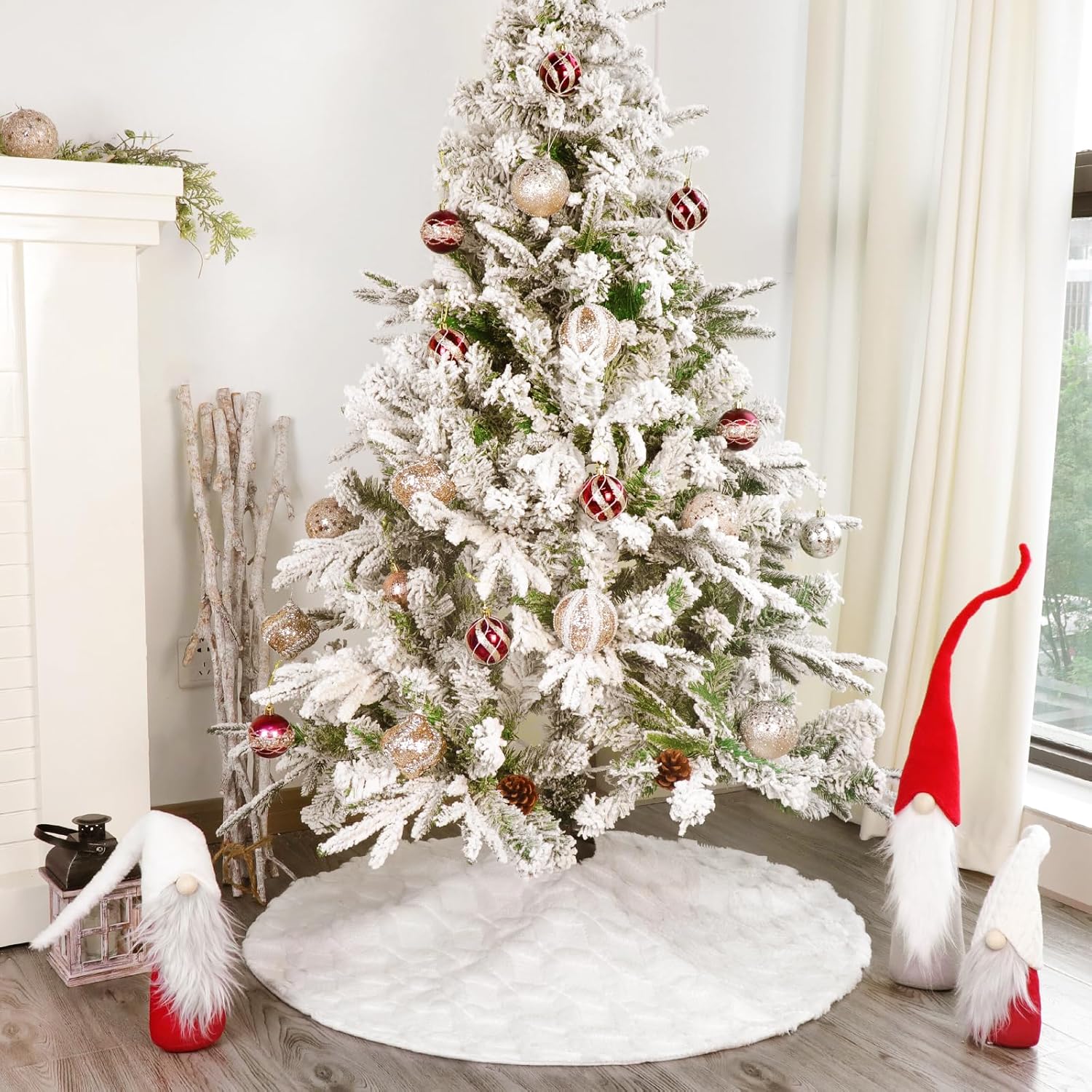 Faldón de árbol de Navidad de piel sintética 36 pulgadas, falda de árbol de Navidad de piel sintética de felpa blanca con patrón texturizado de