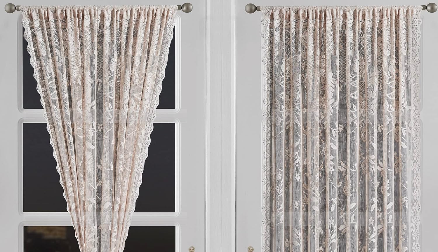 LinenZone Cortinas de lino dorado para puerta francesa con elegante diseño floral. Cada par de 2 cortinas de 52 x 72 pulgadas de largo vienen con 2