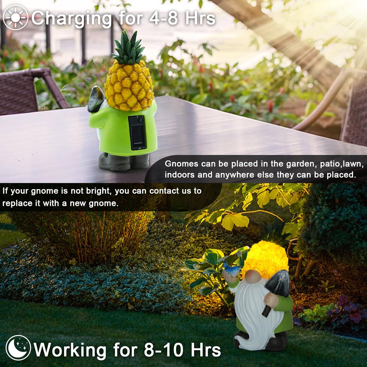Estatuas solares de jardín con luces de piña, gnomos de jardín de resina con pájaro, estatuas de patio al aire libre para patio, balcón, césped,