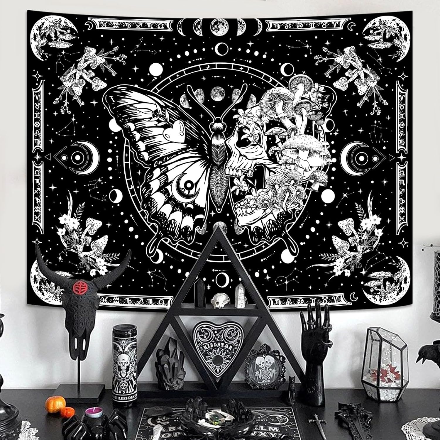 Tapiz de esqueleto y mariposa, diseño de calavera en blanco y negro, diseño de hongos, tapiz estético hippie para colgar en la pared para