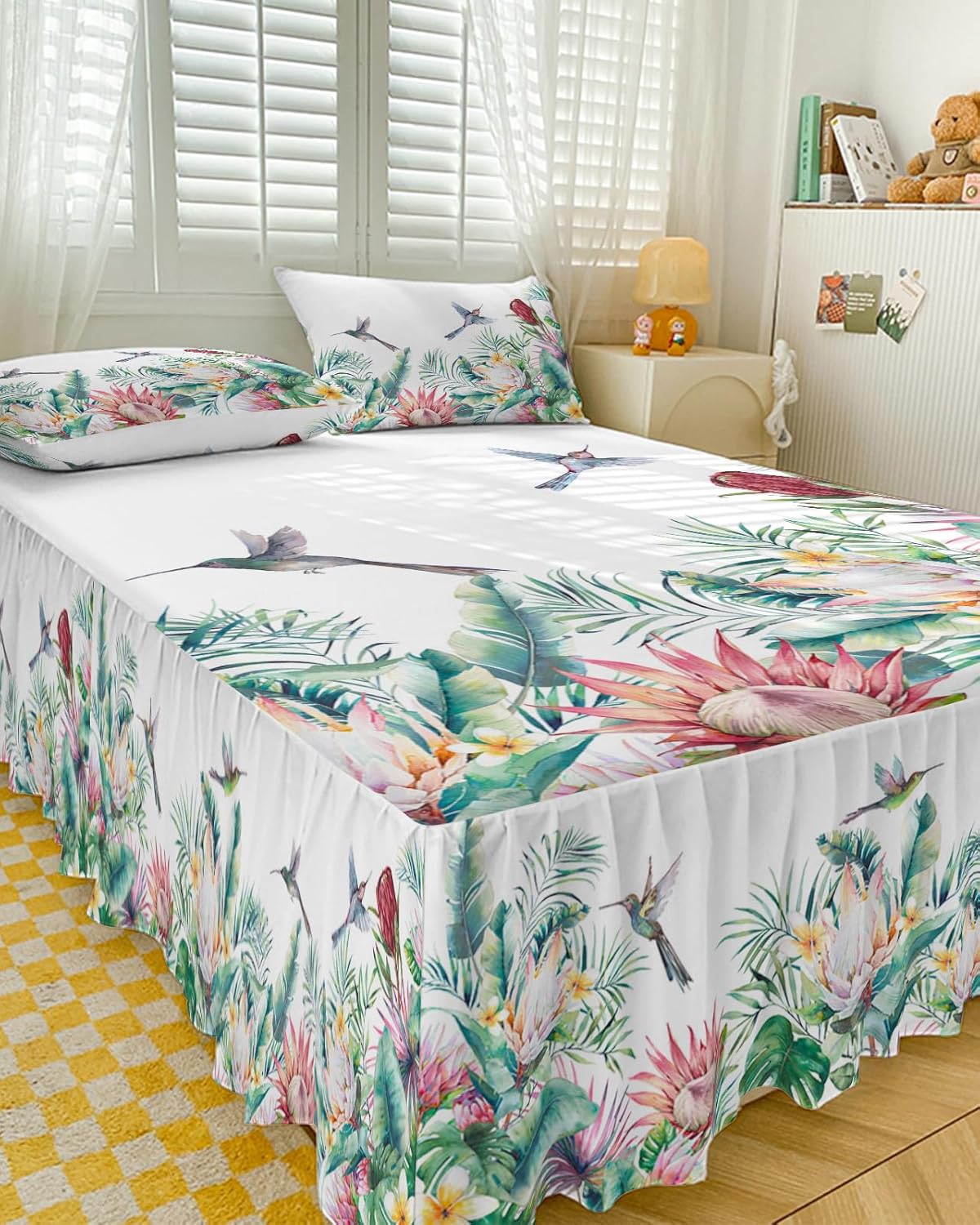 Faldas de cama plisadas tropicales envolventes para cama matrimonial de 54 x 75 pulgadas, sábana decorativa con volantes y falda de cama de 18