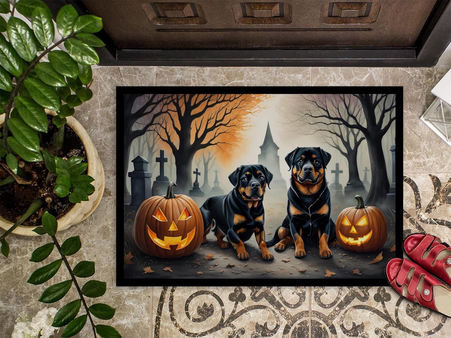Caroline’s Treasures DAC2062MAT Rottweiler – Tapete espeluznante de Halloween de 18 x 27 pulgadas, tapete para puerta delantera, para interiores y