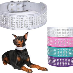 Collares de perro con diamantes de imitación, 2 pulgadas de ancho, con tachuelas de piel sintética, 5 filas de cristales brillantes para perros Collares de perro con diamantes de imitación, 2 pulgadas de ancho, con tachuelas de piel sintética, 5 filas de cristales brillantes para perros