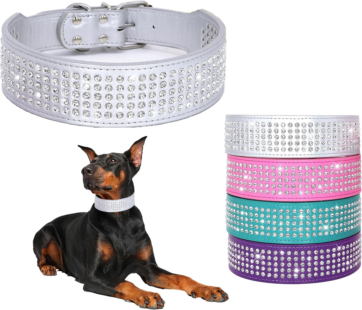 Collares de perro con diamantes de imitación, 2 pulgadas de ancho, con tachuelas de piel sintética, 5 filas de cristales brillantes para perros