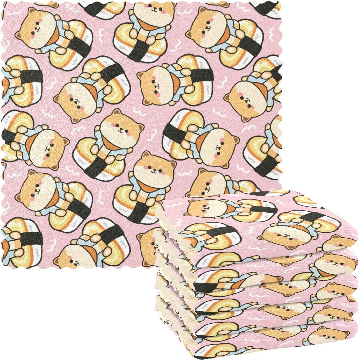 linqin Shiba Inu – Toallas de cocina de algodón con estampado de sushi de microfibra, absorbentes, paquete de 6 toallas de cocina reutilizables para