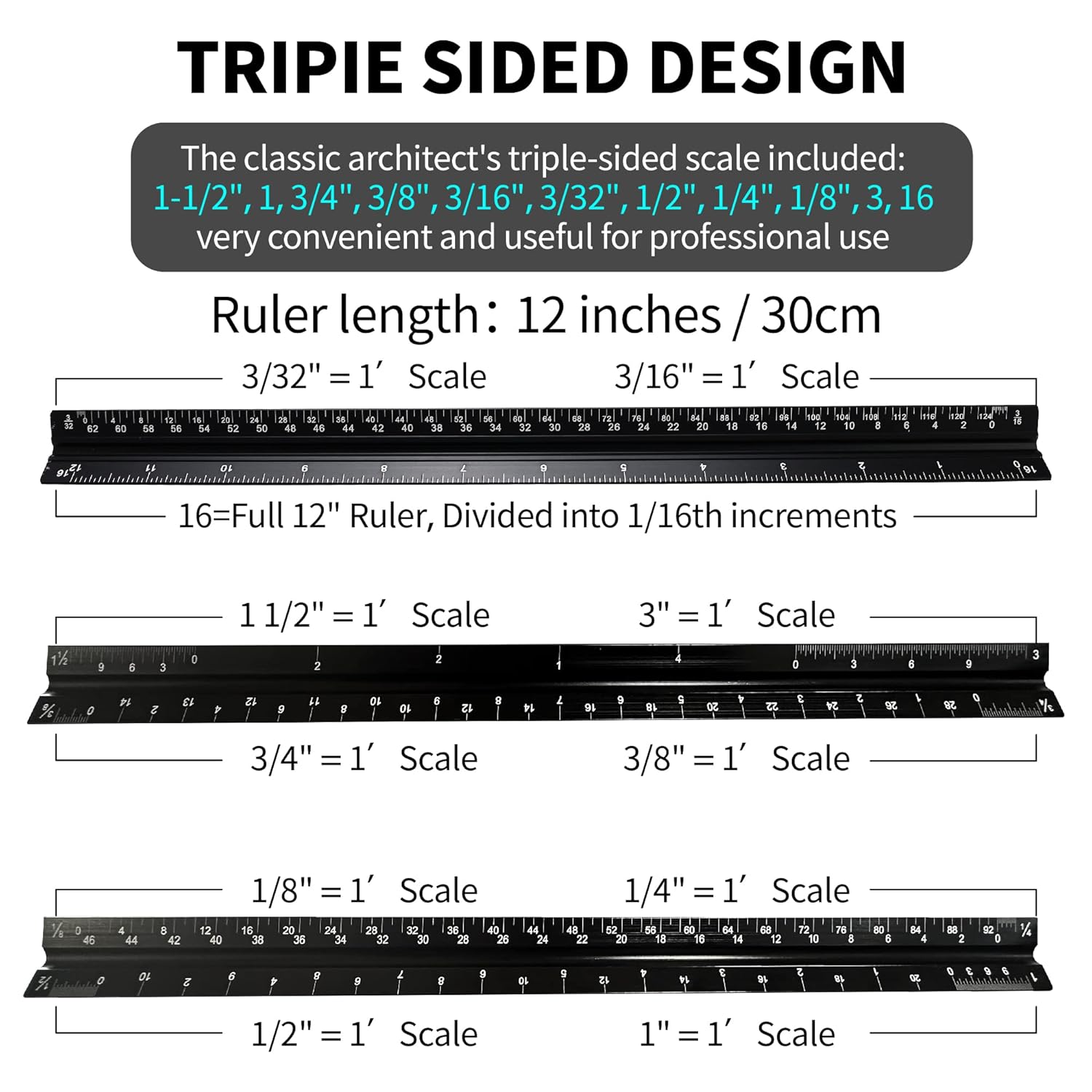 2 reglas de escala arquitectónica, escala de arquitecto de aluminio de 12 pulgadas, escala triangular, regla de escala, regla triangular, regla de