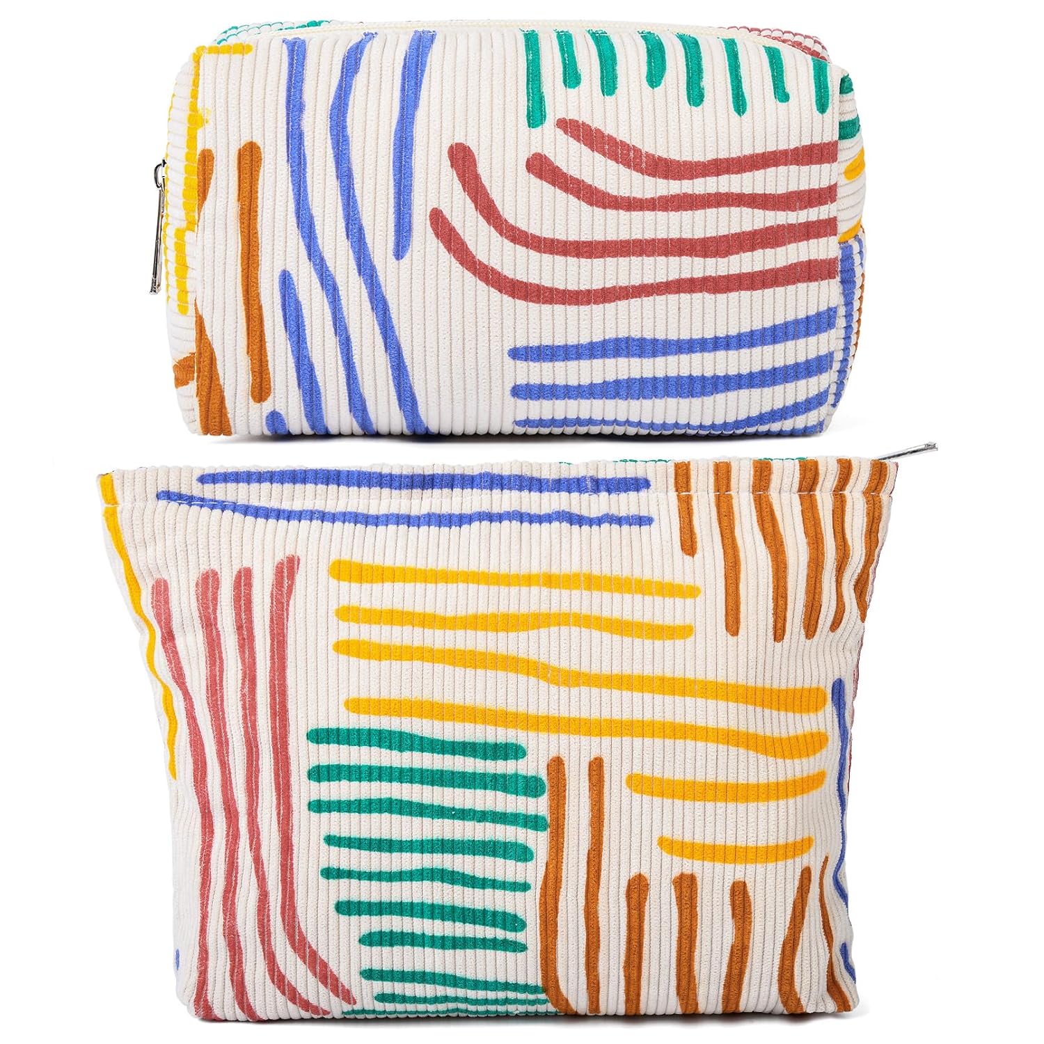 SOIDRAM Bolsa de maquillaje grande de pana de 2 piezas, bolsa de cosméticos de lona, capacidad a rayas, bolsa de aseo de viaje, organizador de