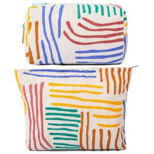 SOIDRAM Bolsa de maquillaje grande de pana de 2 piezas, bolsa de cosméticos de lona, capacidad a rayas, bolsa de aseo de viaje, organizador de SOIDRAM Bolsa de maquillaje grande de pana de 2 piezas, bolsa de cosméticos de lona, capacidad a rayas, bolsa de aseo de viaje, organizador de