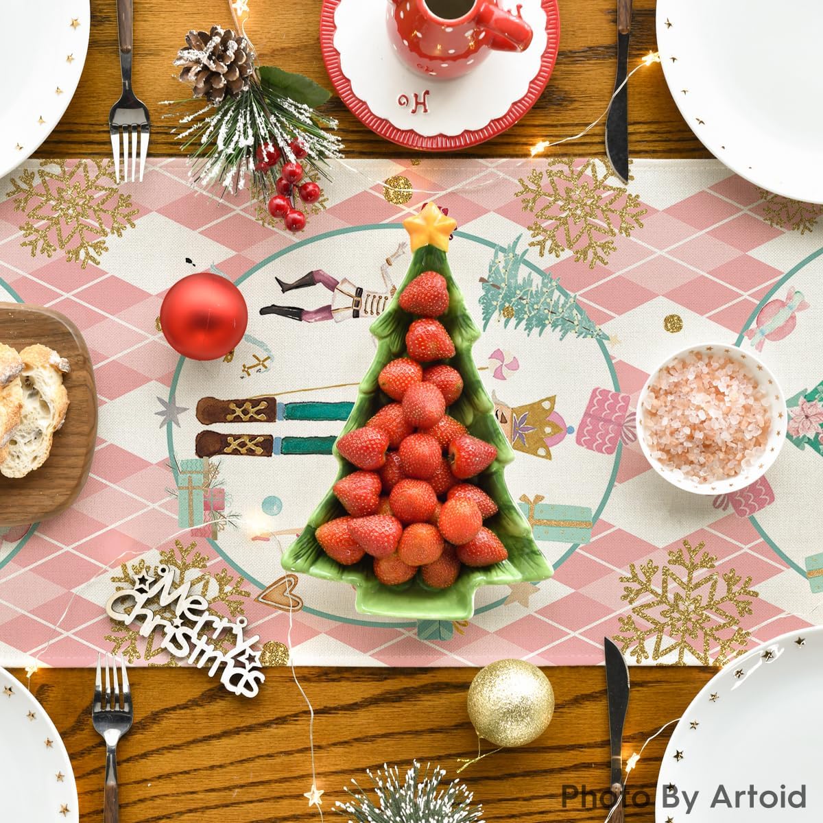Artoid Mode Camino de mesa de Navidad con diseño de cascanueces y copos de nieve de diamantes rosados, decoración de mesa de comedor de cocina de