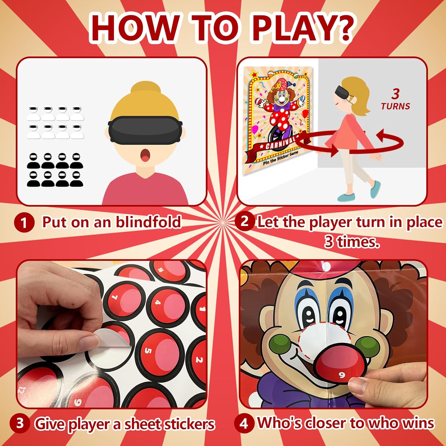 Juegos de fiesta de circo de carnaval para niños, juegos de cola con pegatina de payaso, fiesta de cumpleaños temática de carnaval, decoración de