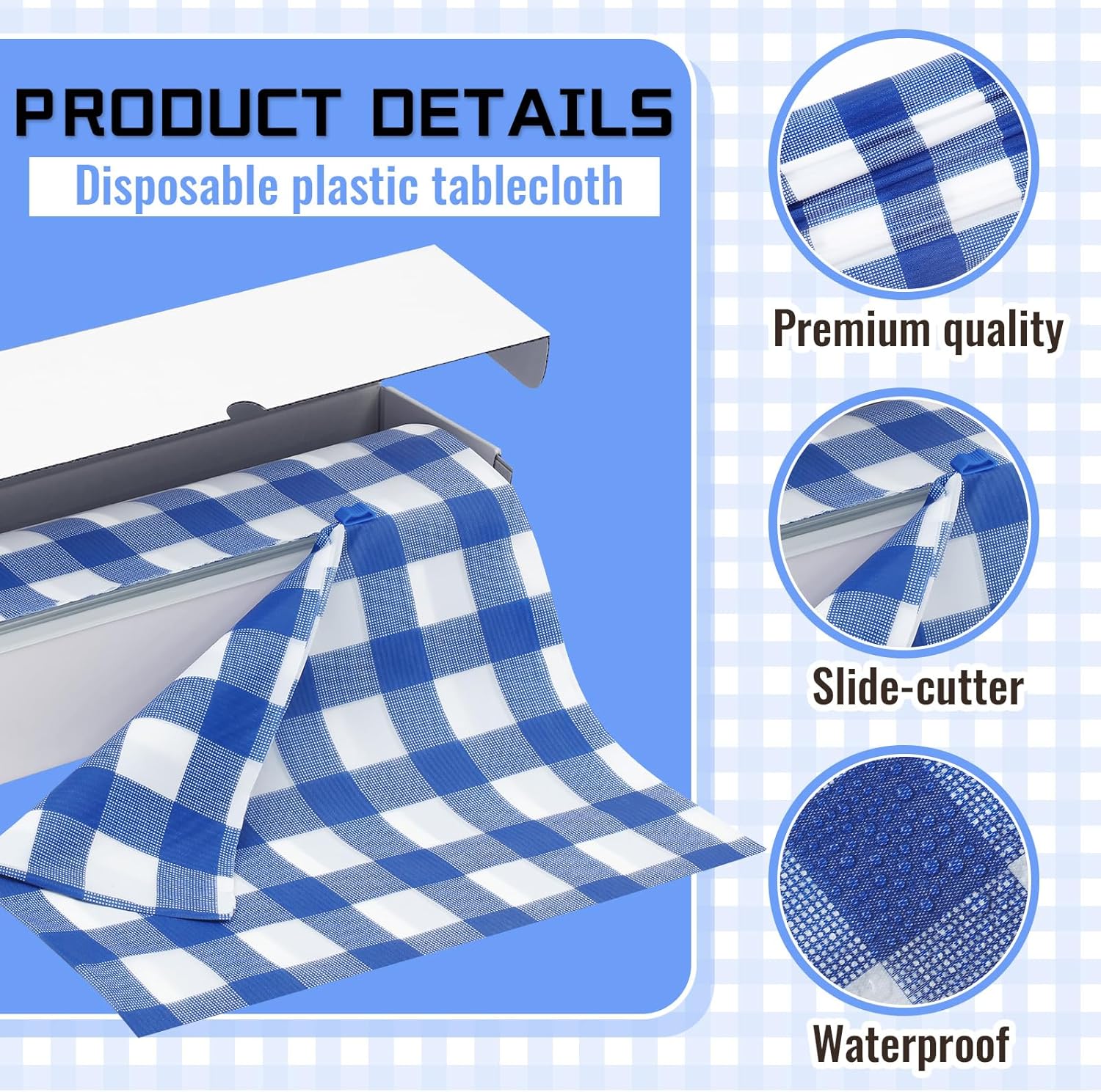 2 manteles de plástico a cuadros azules y blancos de 54 x 100 pies, mantel desechable en rollo con caja autocortadora para interiores y exteriores