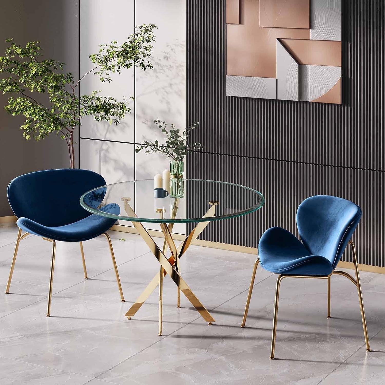 Mesa de comedor redonda de 36 pulgadas, mesa de comedor moderna con base de acero inoxidable dorado, mesa de comedor circular de vidrio templado