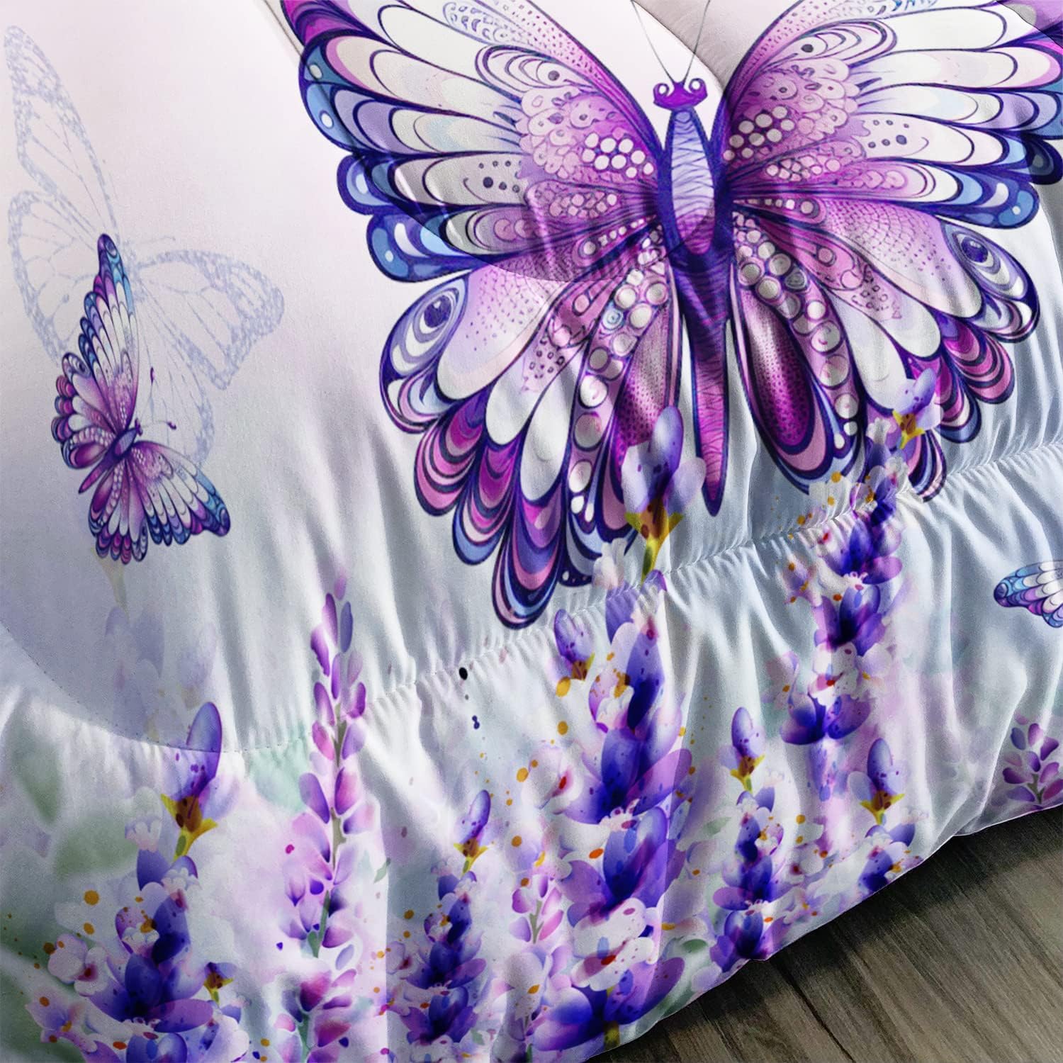 CVHOUSE Hermoso juego de edredón de mariposa, tamaño Queen, juego de ropa de cama con flores de lavanda floreciente y mariposa voladora, juego de