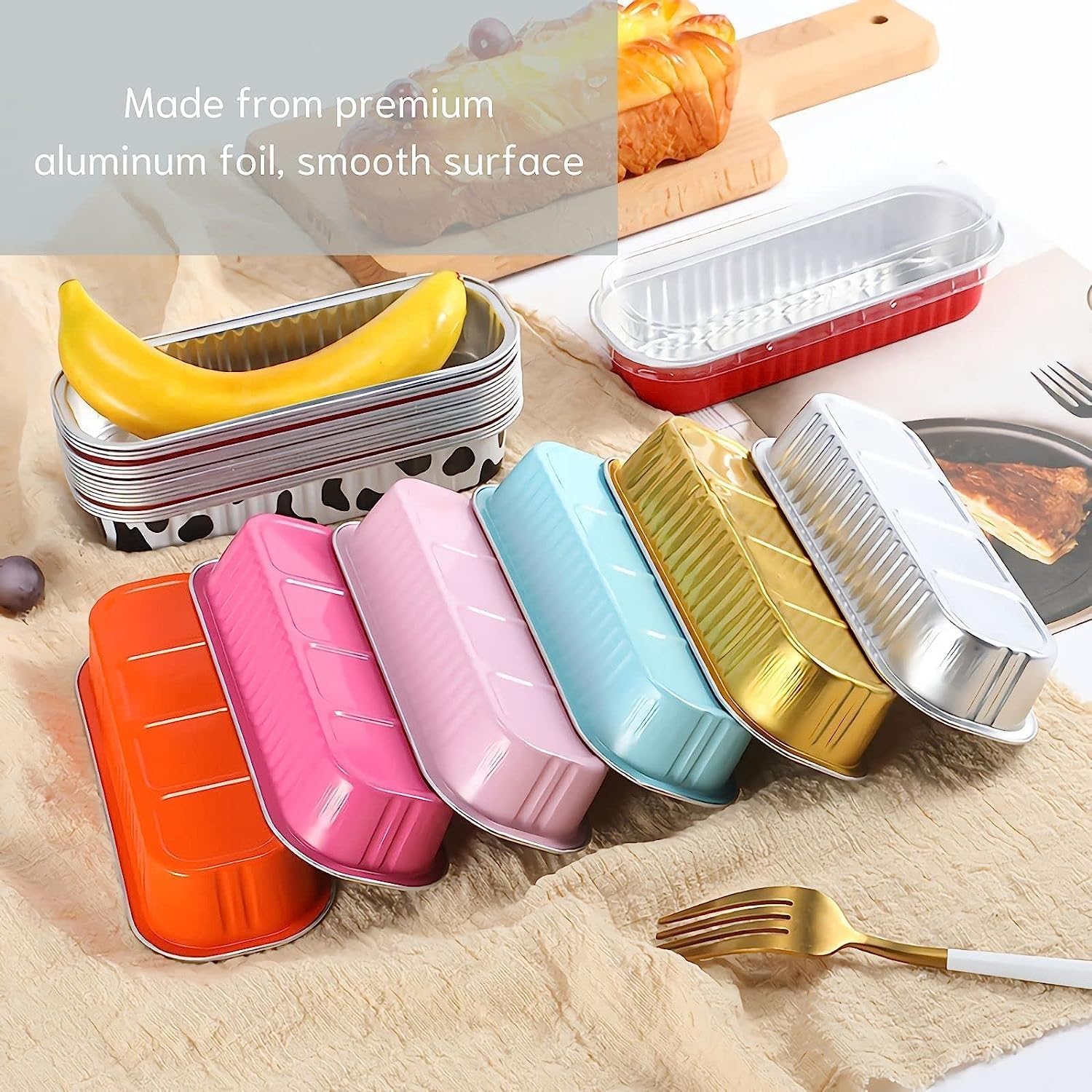 Findful Mini moldes para hornear pan con tapas y cucharas (paquete de 100 unidades, 6.8 onzas), moldes rectangulares de papel de aluminio para