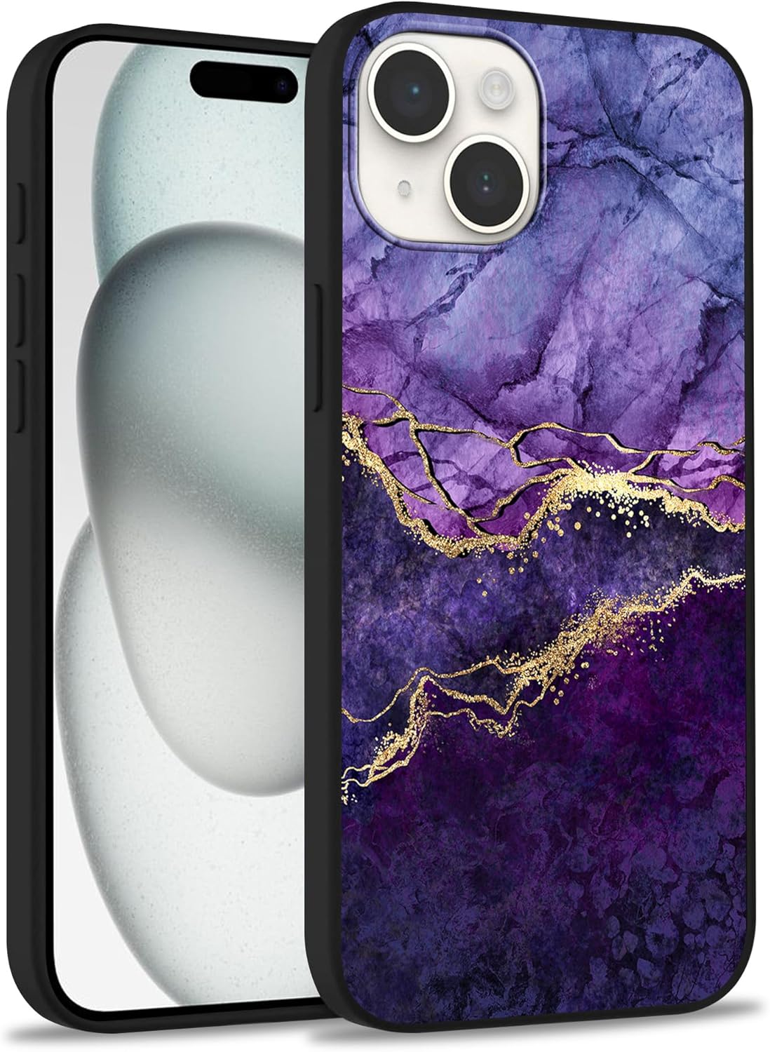 Diseñada para iPhone 15 Plus, funda de teléfono con patrón de mármol morado y venas doradas, para iPhone 15 Plus de 6.7 pulgadas, TPU suave,
