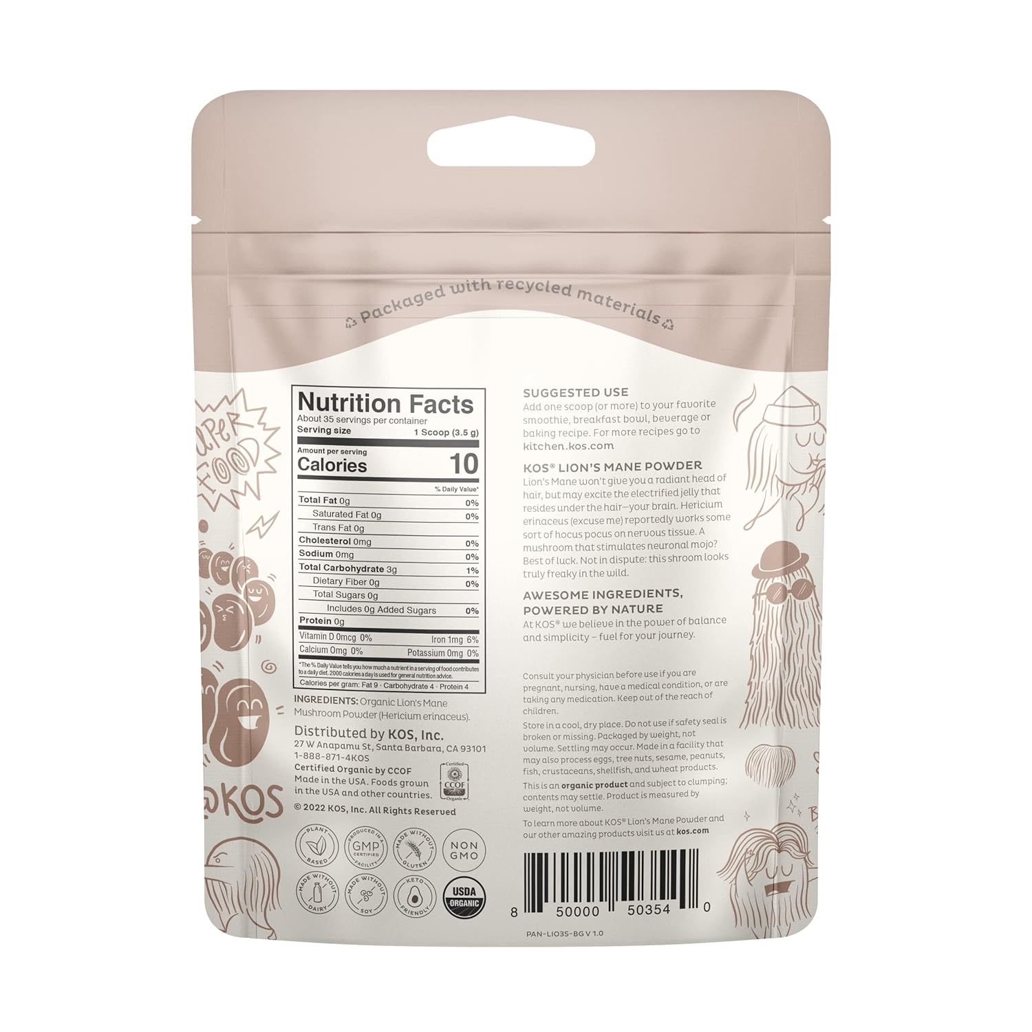KOS Polvo orgánico de melena de león  Superalimento nootrópico natural para apoyar la concentración  Hongos funcionales veganos, a base de plantas,