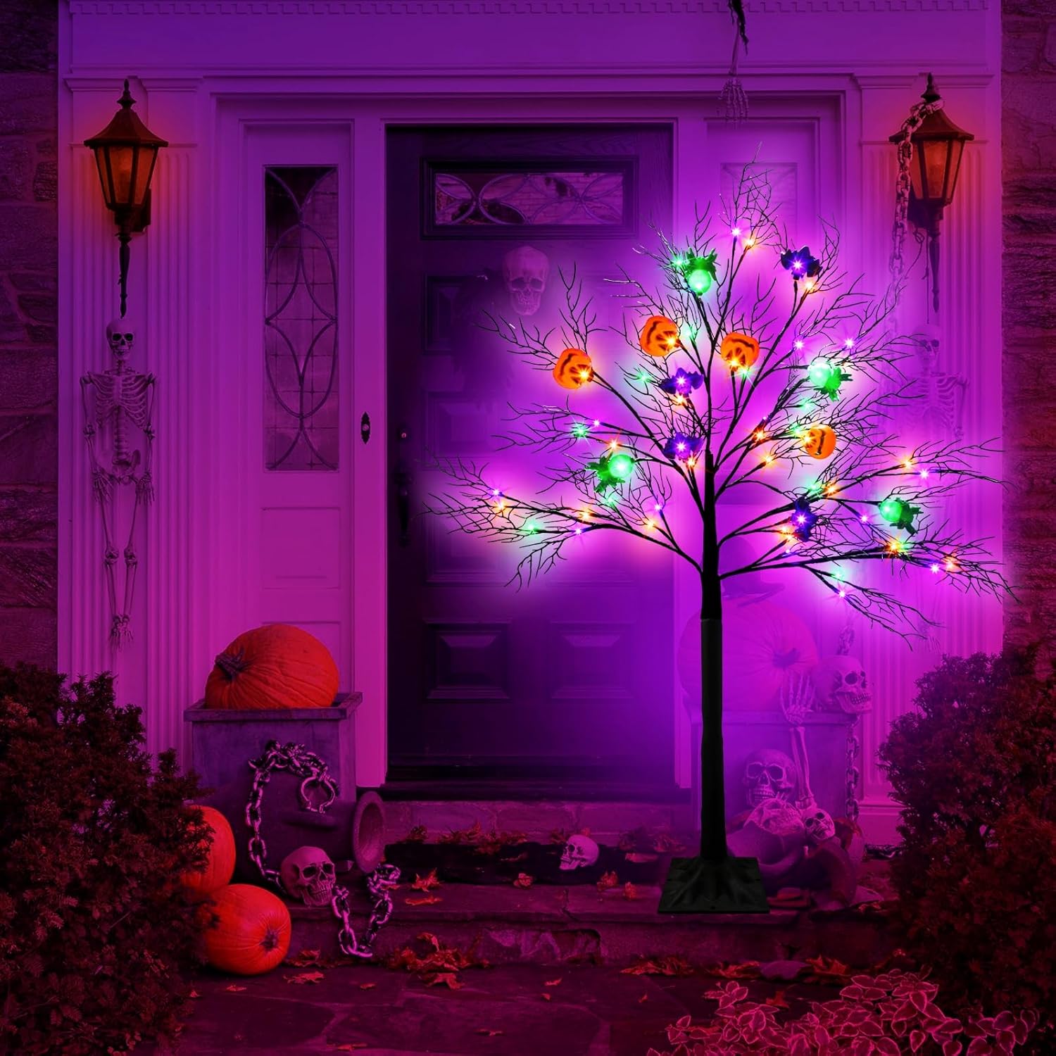Decoración de árbol iluminado de Halloween de 4 pies, color naranja y morado con 8 modos, 56 LED con iluminación 3D, 12 calabazas, murciélagos y