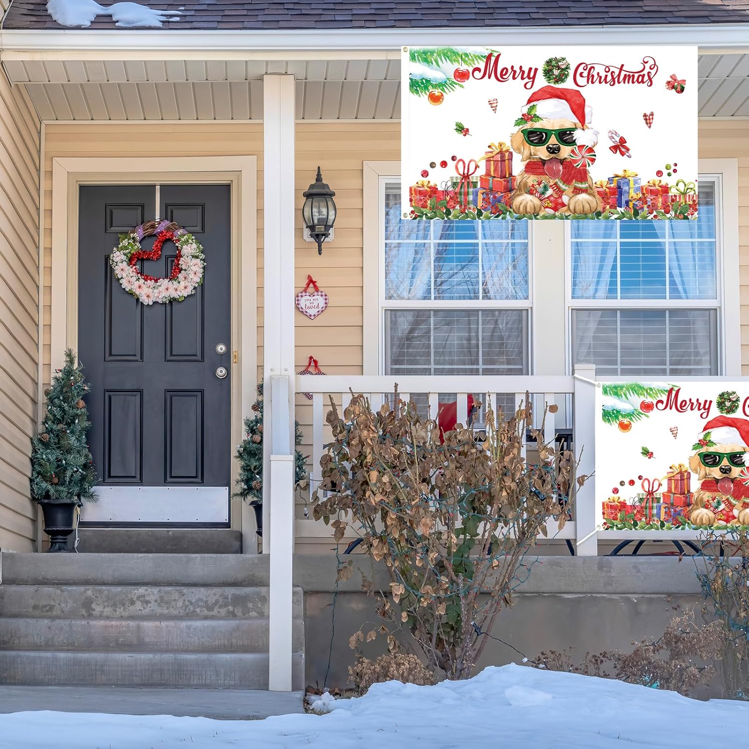 Bandera de perro Golden Retriever de Feliz Navidad, de 3 x 5 pies, de doble cara, cartel de invierno y Navidad al aire libre, bandera de Navidad con