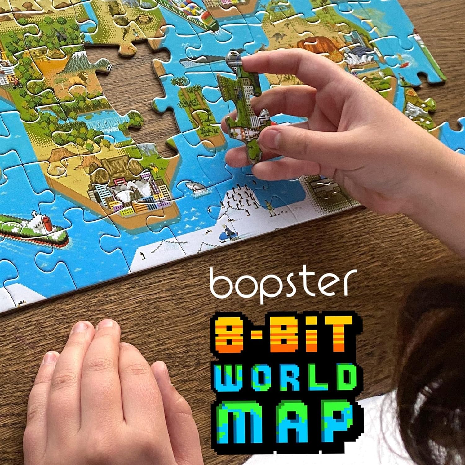 Rompecabezas para niños de 4 a 8 años, rompecabezas de mapa del mundo de 180 piezas, estilo retro de 8 bits, rompecabezas para niños con 50 personas