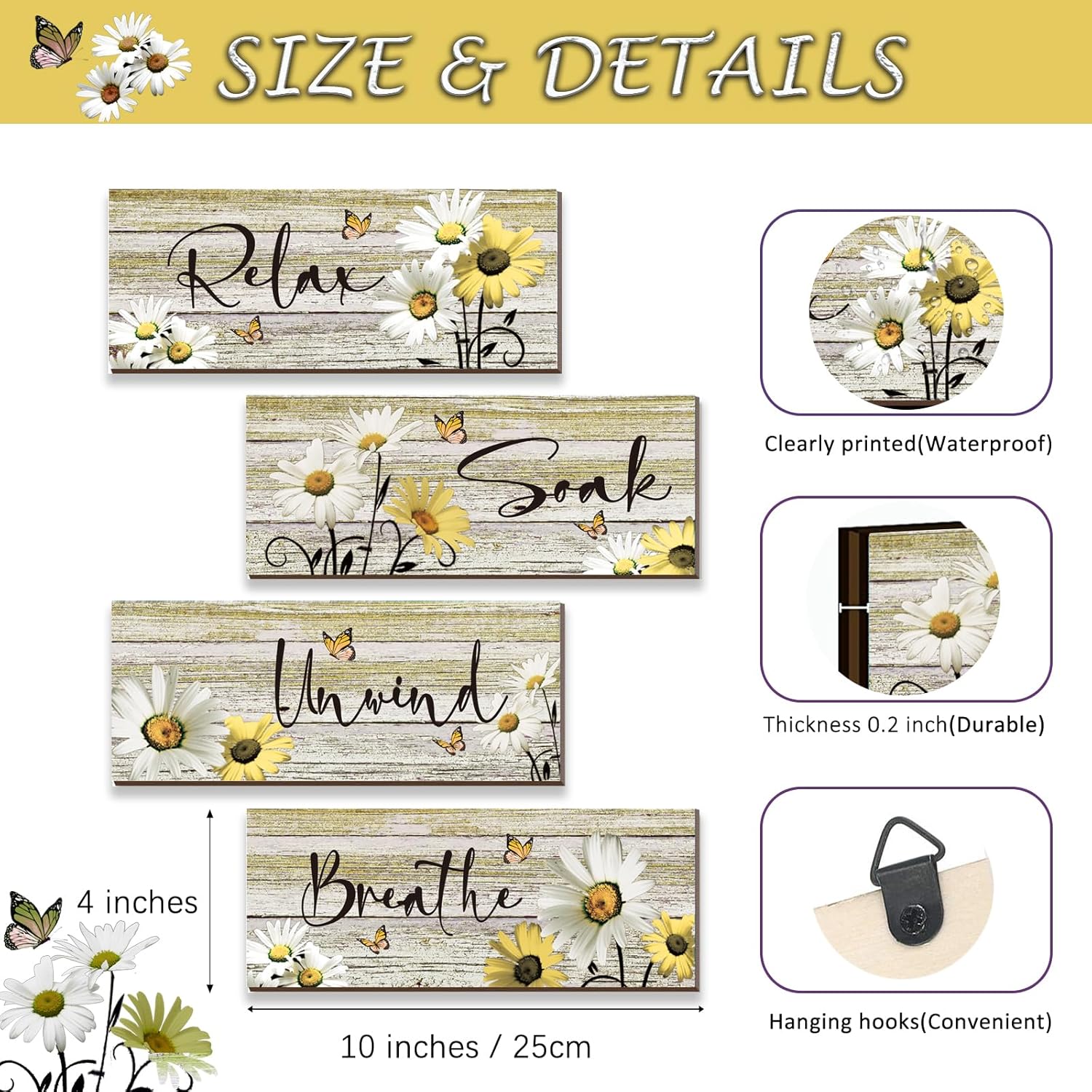 ZINYAZHE 4 piezas de decoración de pared de baño amarillas de margaritas amarillas y mariposas amarillas, arte de pared amarillo para relajarse,