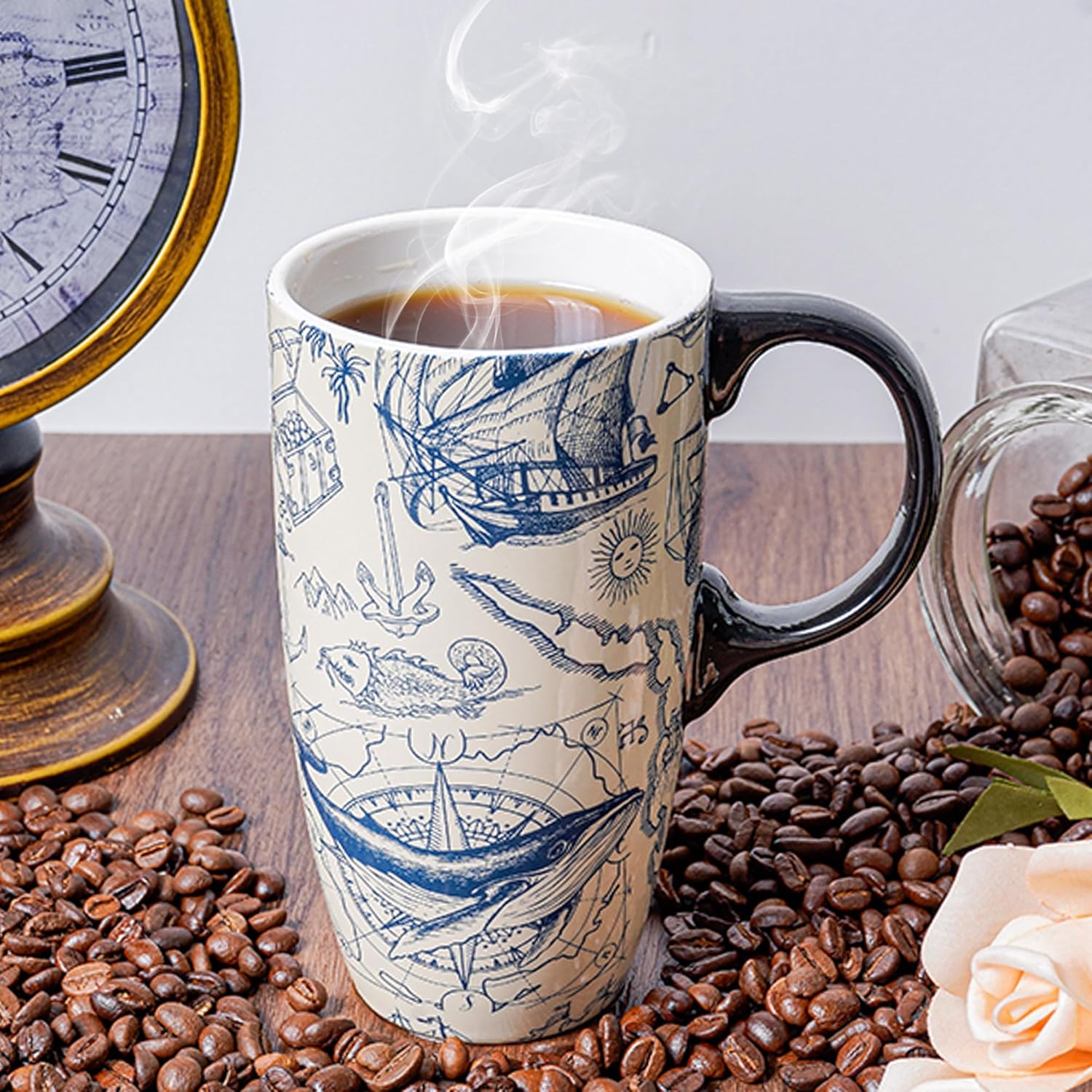 Voltogar Taza de café de viaje de cerámica con tapa, regalo para el hogar y la oficina, taza de té alta de porcelana de 17 onzas con mango de arte