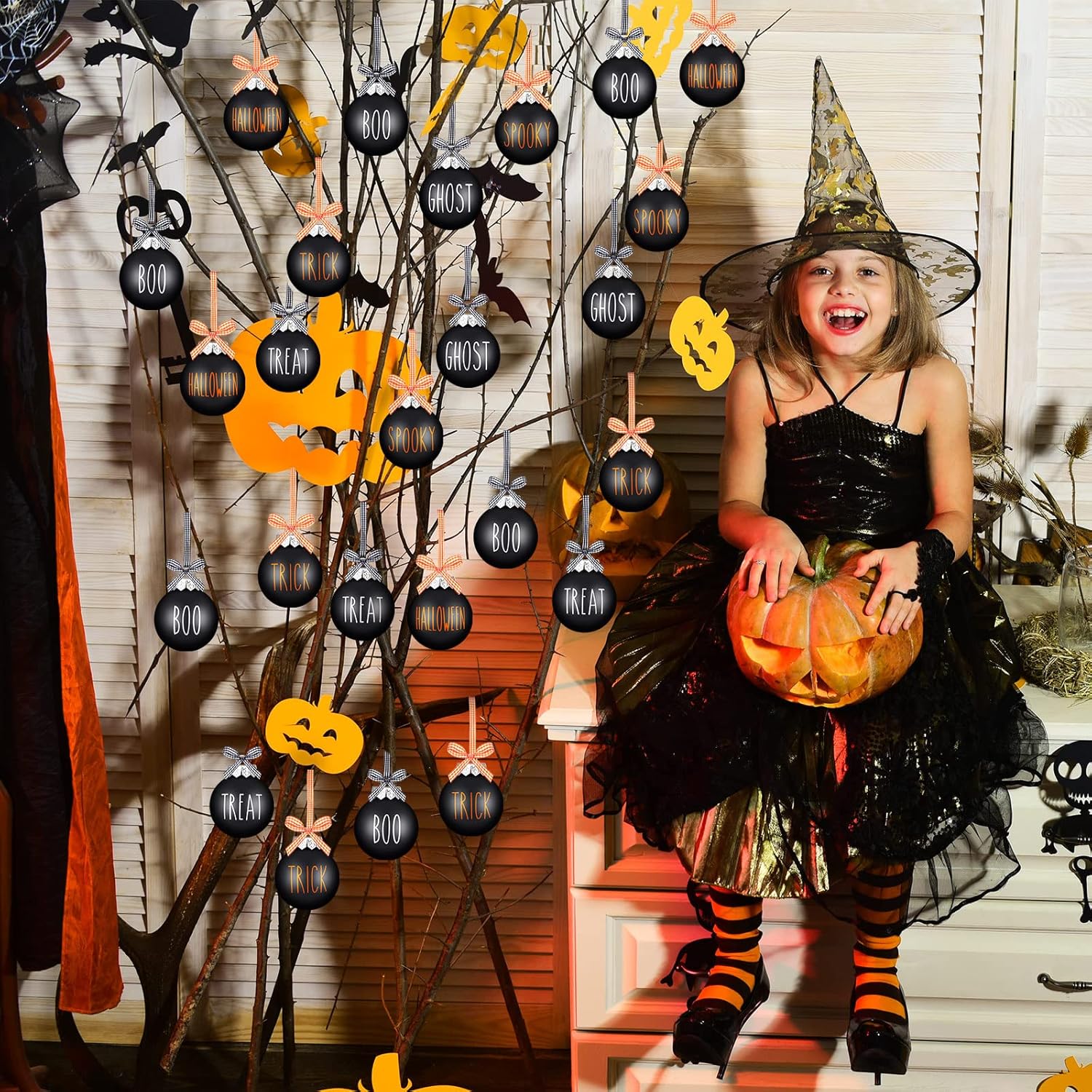 12 adornos de bola de Halloween de 2.4 pulgadas, decoraciones de Halloween para árbol, adornos colgantes de Halloween, decoración de plástico para