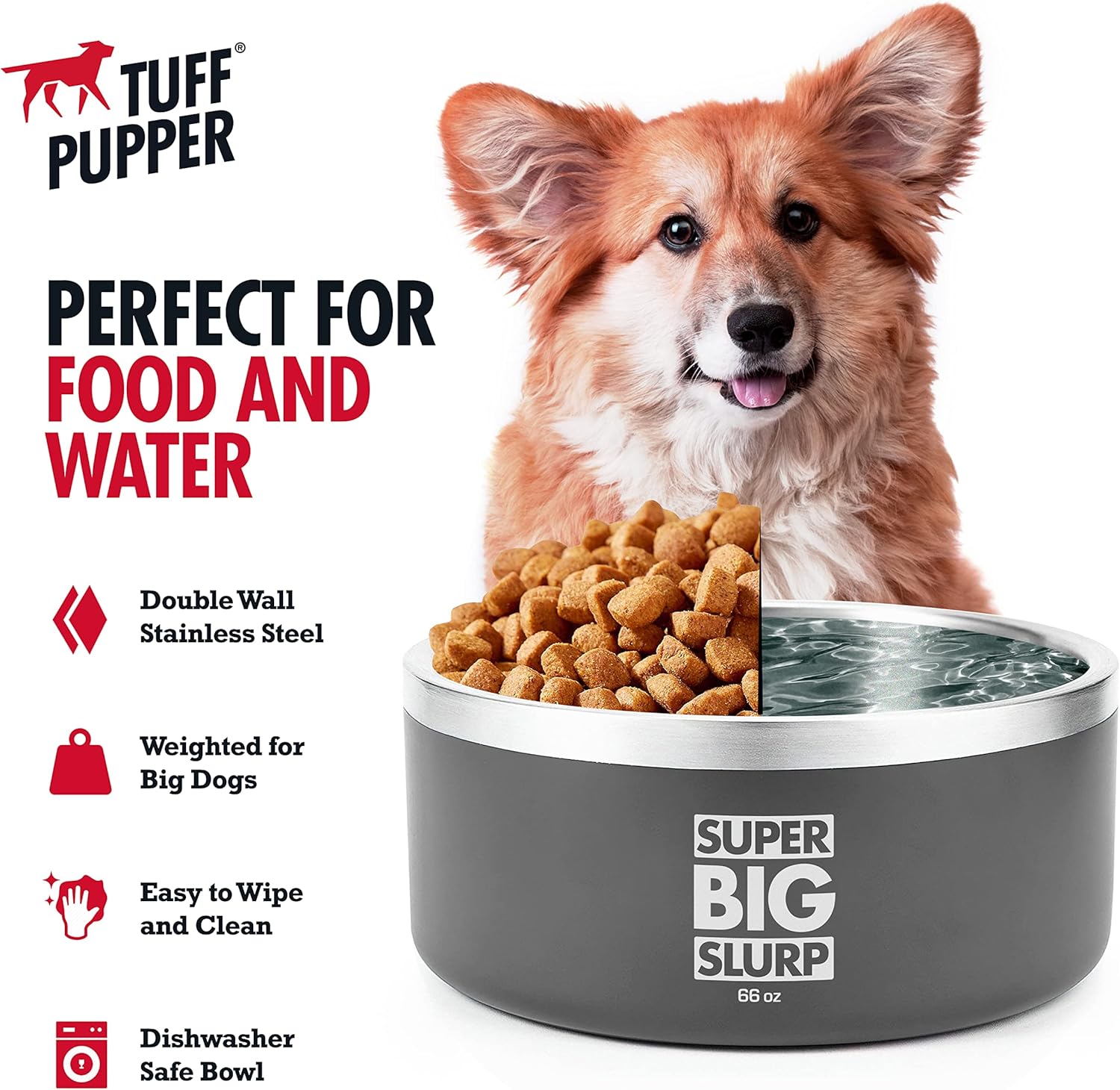 Tuff Pupper Tazón aislado resistente para perros, plato de comida de acero inoxidable de doble pared, antideslizante, a prueba de derrames, apto
