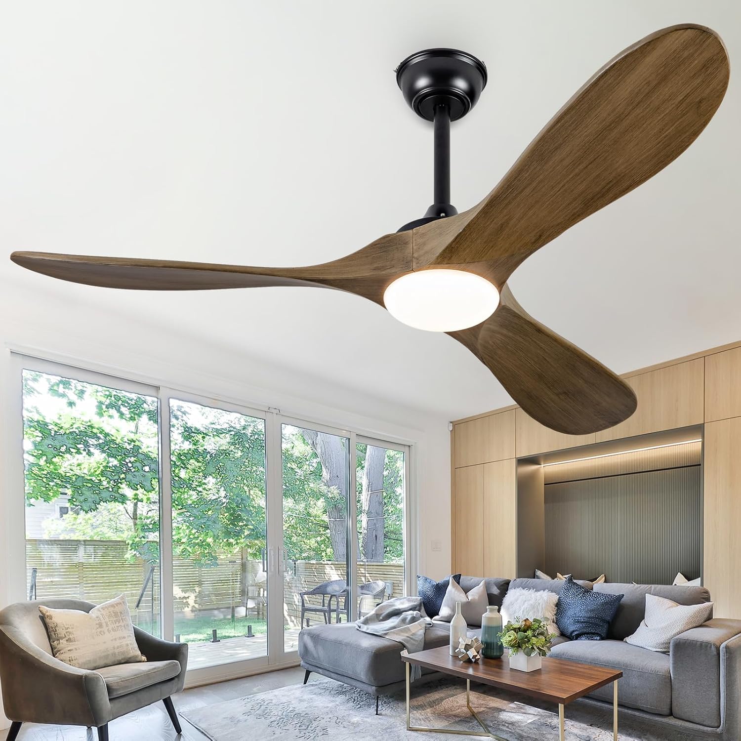 Ceversa Ventilador de techo de madera maciza de 52 pulgadas con luz y control remoto, ventilador de techo de 3 aspas, silencioso hecho a mano, gris,