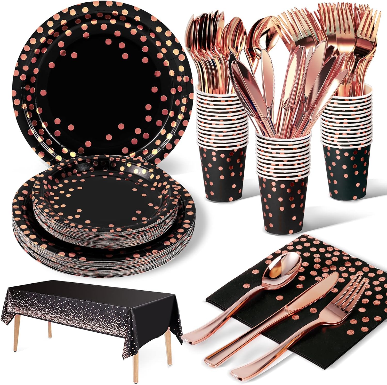 141 piezas de suministros de fiesta de color negro y oro rosa, los juegos de vajilla de fiesta incluyen platos de papel, servilletas, tazas y