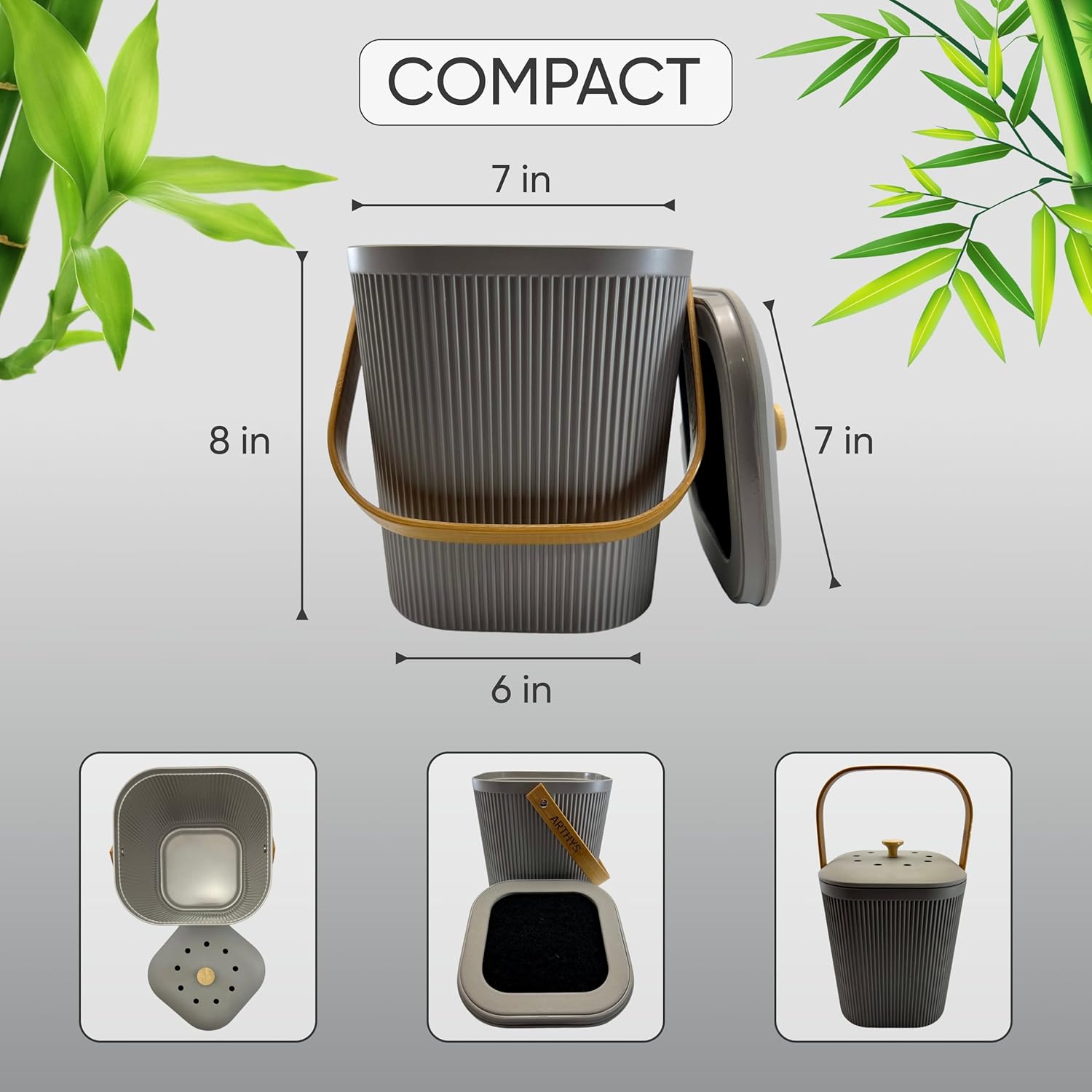 Contenedor de compost de cocina con filtros de carbón, compostador de alimentos sostenible de fibra de bambú para encimera, cubo de compostaje para