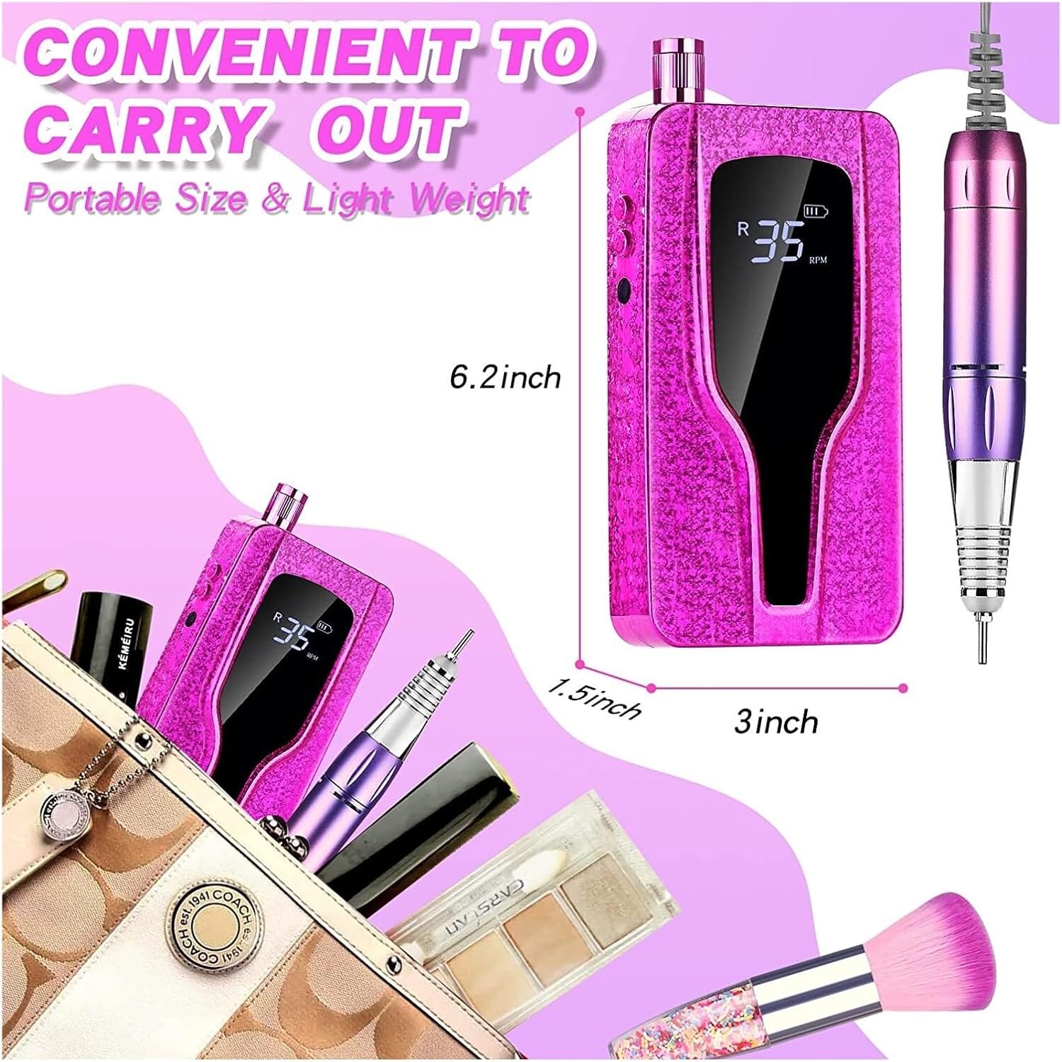 Lima de uñas eléctrica, 35000 rpm, máquina de manicura, recargable, potente lima de uñas eléctrica, motor profesional para esmalte de gel arcílico