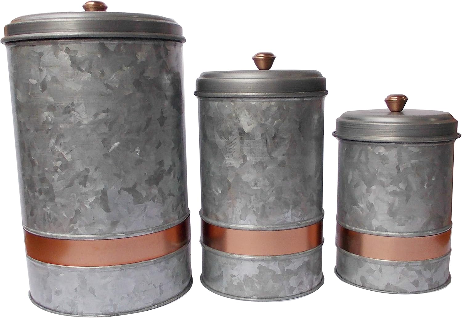 Benzara AMC0014 Recipiente con tapa de metal galvanizado con banda de cobre, juego de tres, gris
