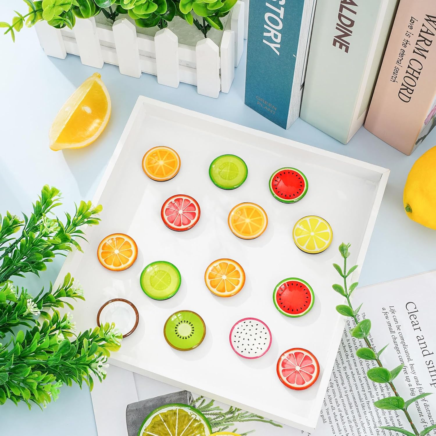 Whaline Imanes redondos para refrigerador de frutas, 18 unidades, imanes de cristal para nevera, coloridos, naranja y limón, calcomanías magnéticas
