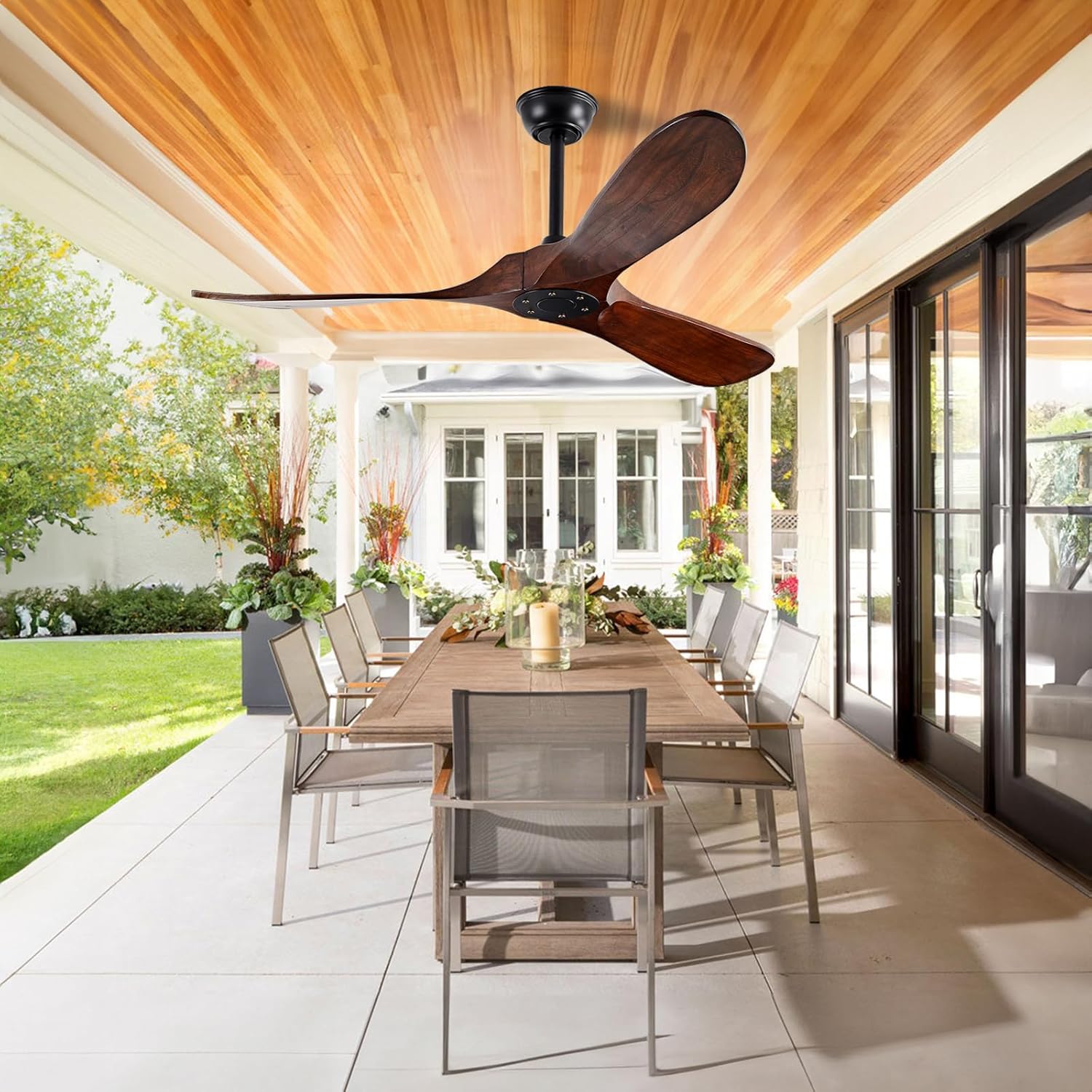 YKXONFA Ventiladores de techo de madera maciza sin luz, ventilador de techo moderno de nogal de 52 pulgadas para interiores y exteriores, con 6