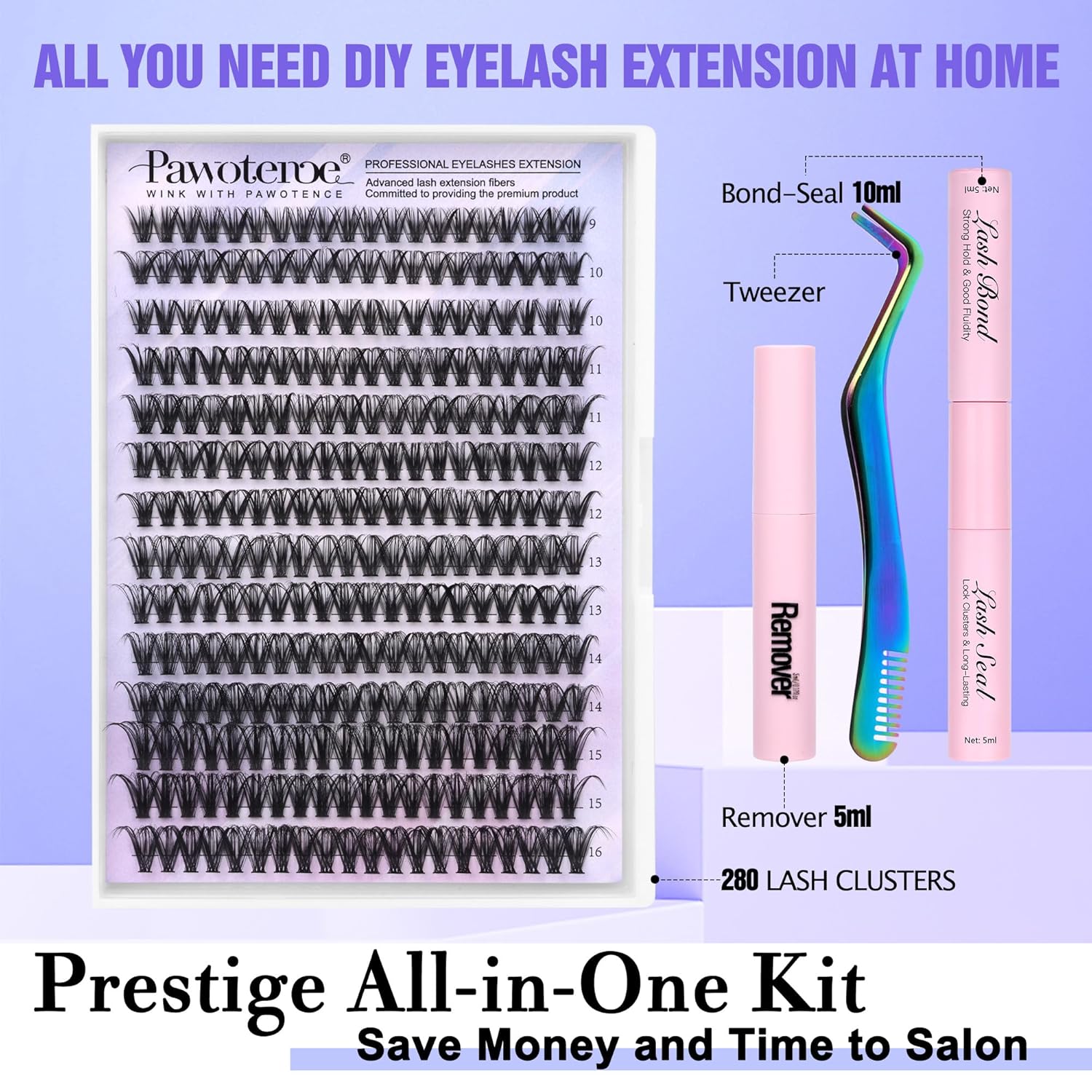 Pawotence Kit de extensión de pestañas para bricolaje, 280 racimos de pestañas individuales, kit de extensión de pestañas rizadas 40D con unión de