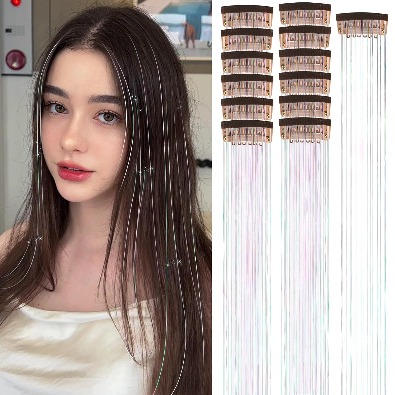 Kit de oropel de cabello con clip, 12 piezas, extensiones de cabello de 20 pulgadas, resistente al calor, kit de oropel de cabello de hadas, clip de